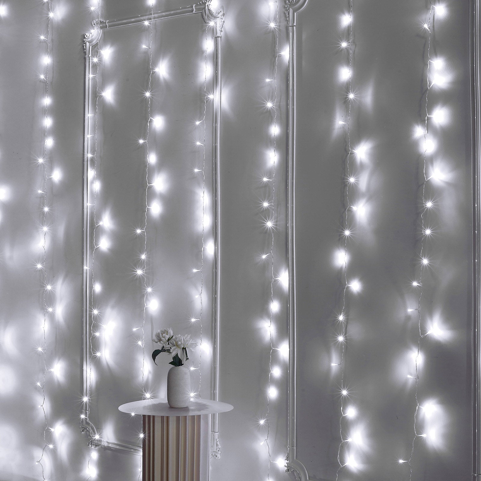 White 600 LED Twinkle Fairy Lights with 8 Modes, Plug In Connectable Curtain String Lights - 10ftx20ft