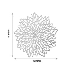 6-Pack Dining Table Mats Floral Design Silver - Metallic Vinyl Round Non-Slip Mats for Tables 15"
