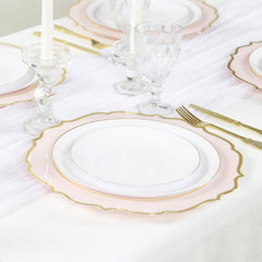 10-Pack Economy Plastic Round Charger Plates 13" in Blush with Gold Scalloped Rim, Decorative Dinner Party Serving Plates