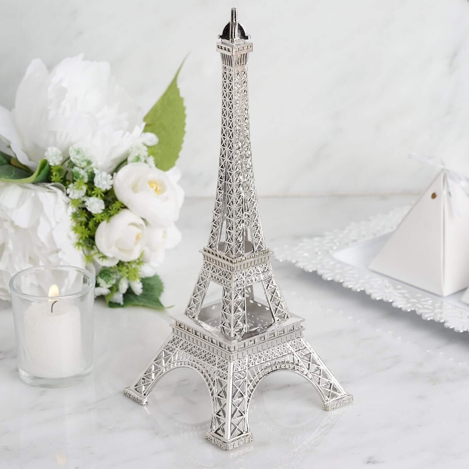 Eiffel Tower Table Centerpiece Metal Silver - Stylish Decorative Cake Topper for Parties & Gatherings 10"