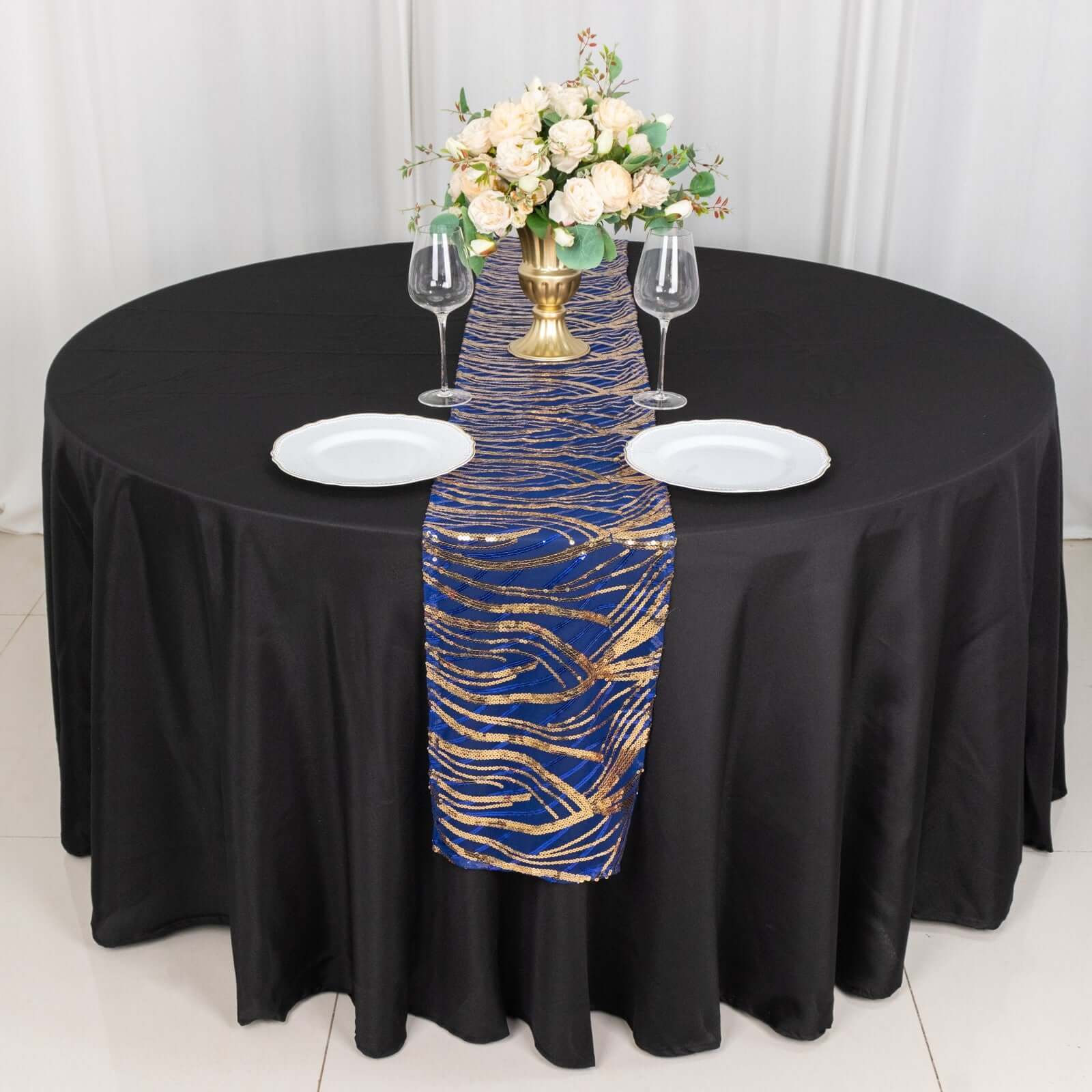 Sequin Mesh 12"x108" Table Runner Royal Blue/Gold Stylish Wave Embroidery
