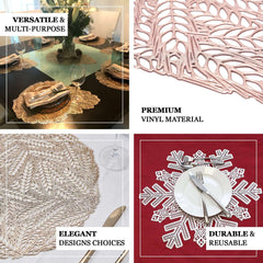 6-Pack Dining Table Mats Floral Design Gold - Metallic Vinyl Round Non-Slip Mats for Tables 15"