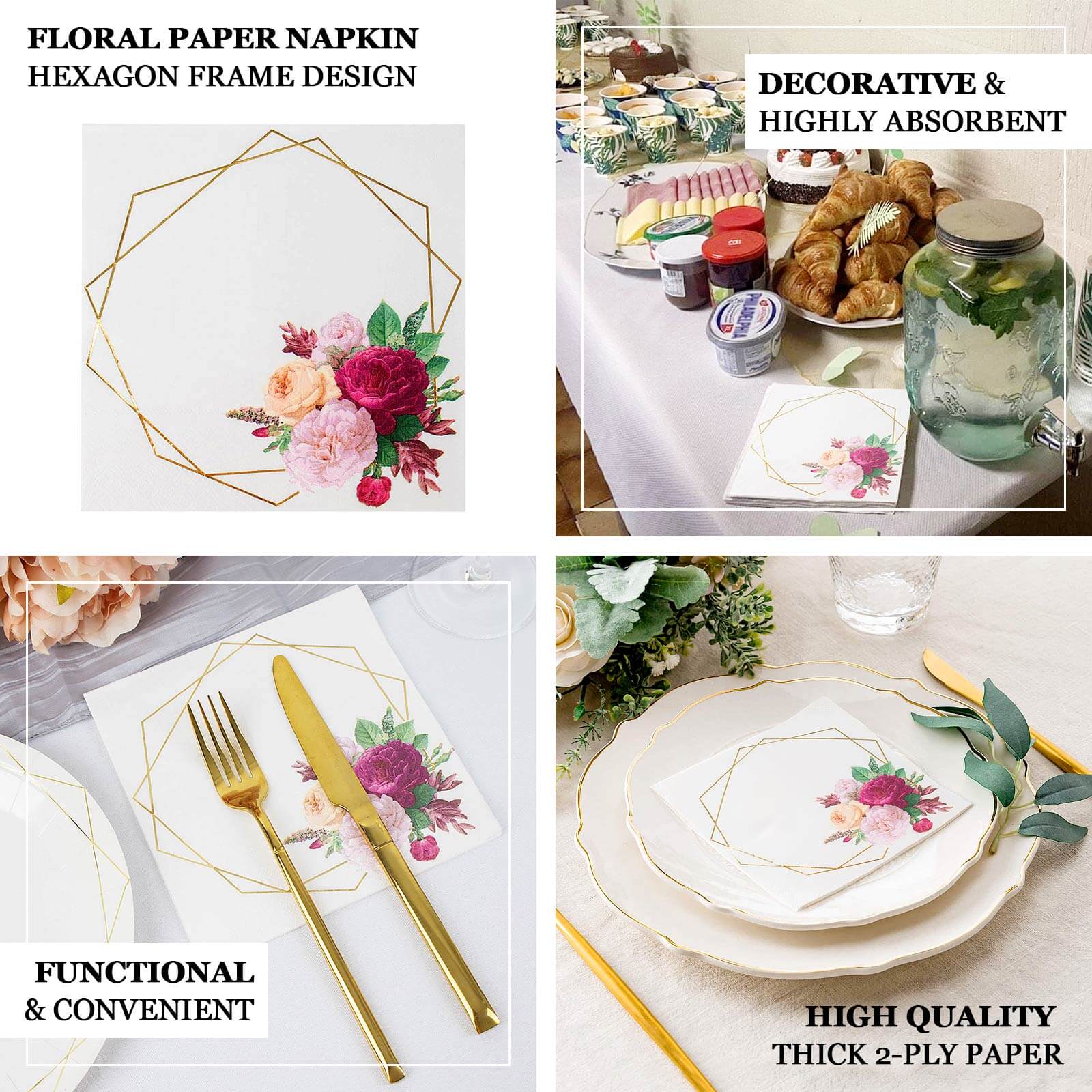 20-Pack Paper Napkins White with Gold Hexagon Frame & Floral Print 6.5"
