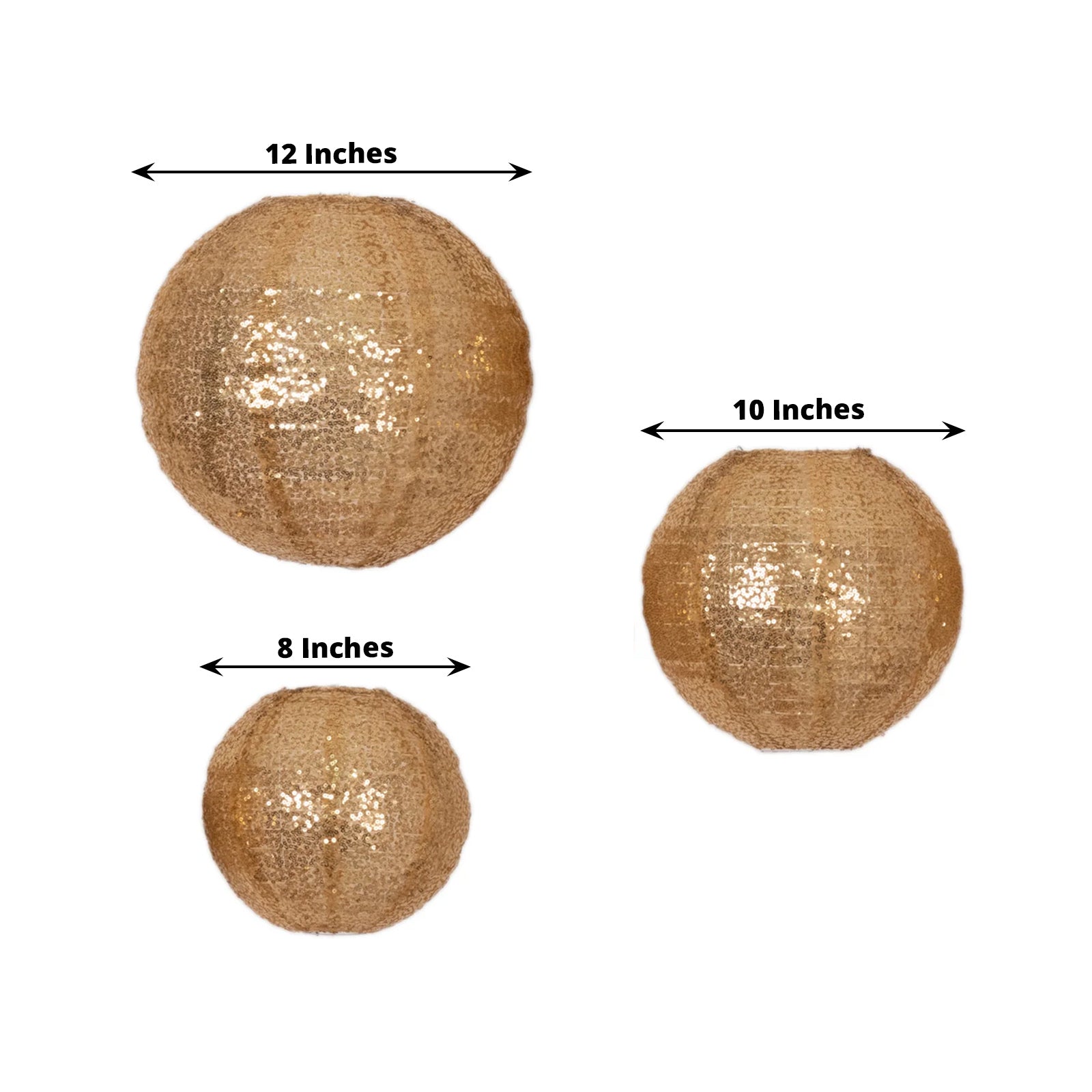 Set of 3 Glitter Gold Sequin Fabric Hanging Lanterns, Decorative Round Foldable Chinese Lantern Lampshades - 8",10",12"
