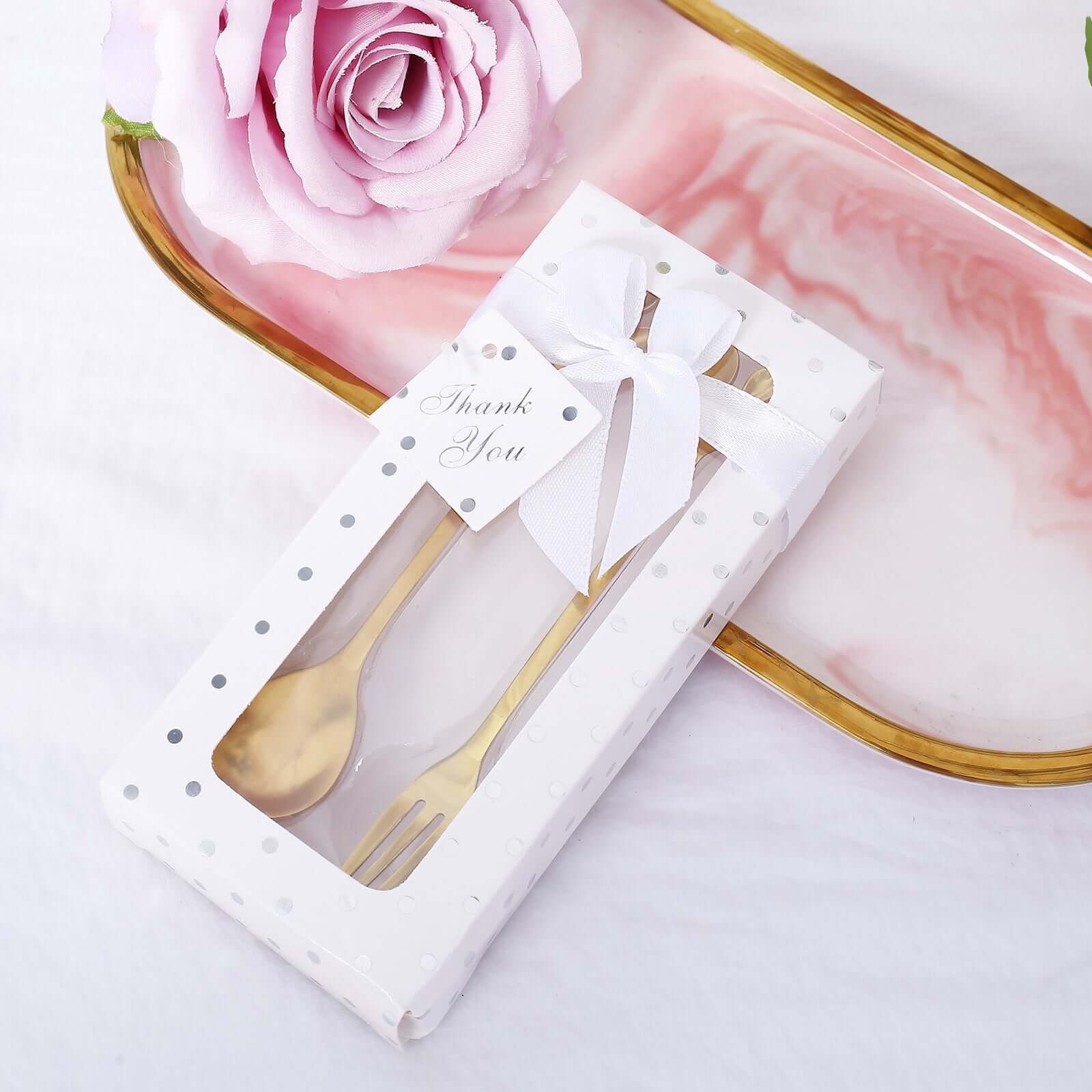 Gold Metal Spoon & Fork Pre-Packed Wedding Party Favors Set With Leaf Shaped Handle, Bridal Shower Souvenir Gift Box - 5"