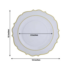 10-Pack Economy Plastic Round Charger Plates 13" in Clear with Gold Scalloped Rim, Decorative Dinner Party Serving Plates