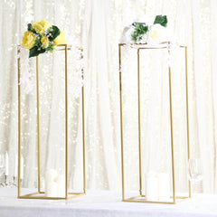 2-Pack Wedding Flower Stand Gold Metal Geometric Column Frame Rectangular - Versatile Floral Pedestal for Sophisticated Arrangements 32"