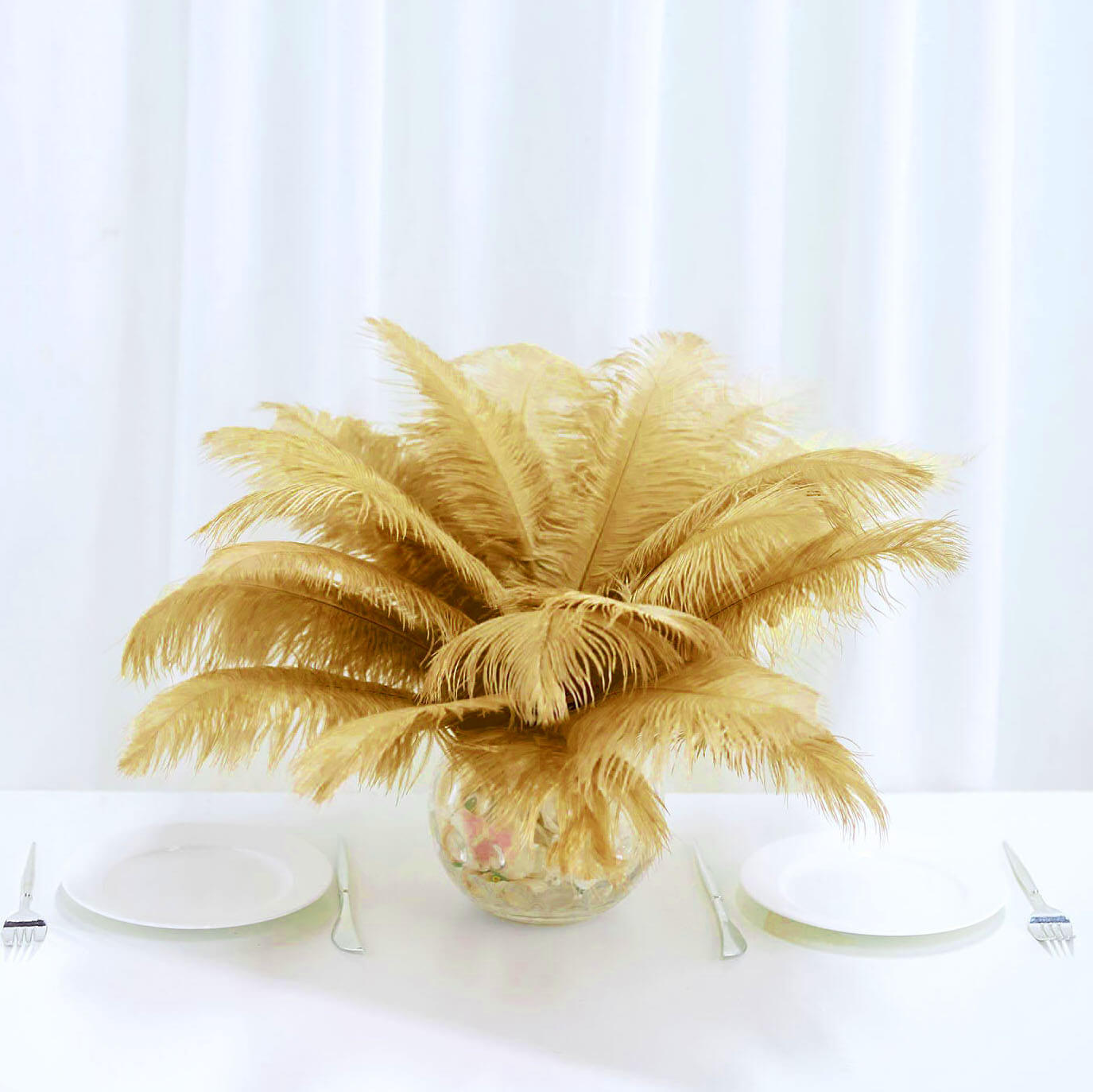 12 Pack 13"-15" Gold Natural Plume Real Ostrich Feathers, DIY Centerpiece Fillers