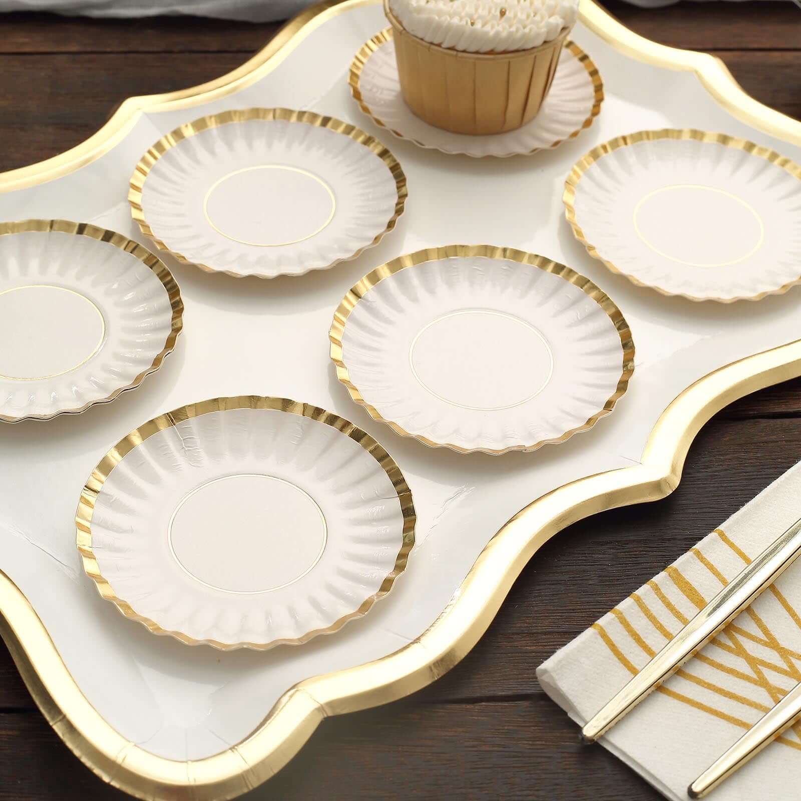 50-Pack Paper 3.5" Round Party Plates in White with Gold Scalloped Rim - Disposable Mini 250GSM Dessert Plates for Tapas, Appetizers & Finger Foods