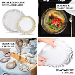 10-Pack Plastic 7" Round Dessert Plates in Clear with Gold Swirl Rim