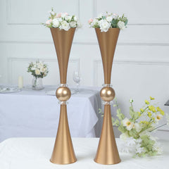 2-Pack Flower Vases Trumpet Design with Crystal Embellishments Gold - Reversible Plastic Centerpieces for Events 27"