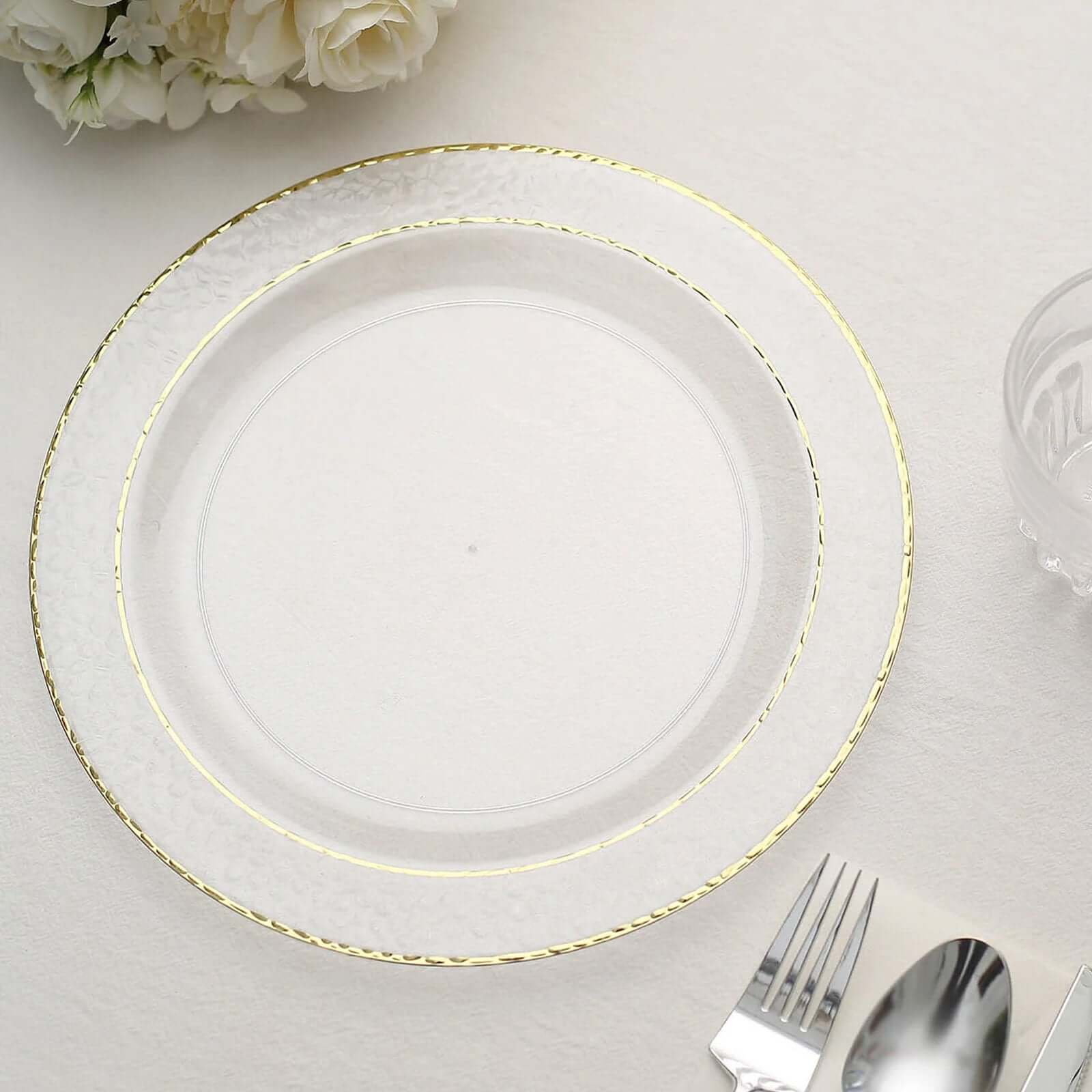 10-Pack Plastic 10" Round Dinner Plates in Clear Hammered Design with Gold Rim - Disposable Party Plates for Chic Banquets & Special Occasions