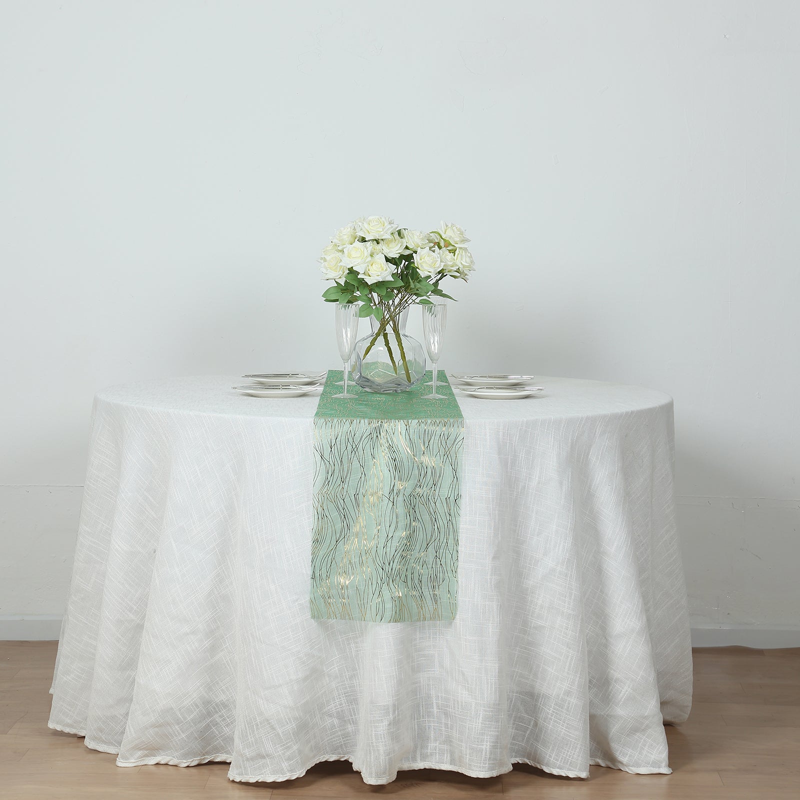5 Pack Organza 12"x108" Table Runners Hunter Emerald Green - Gold Wave Design