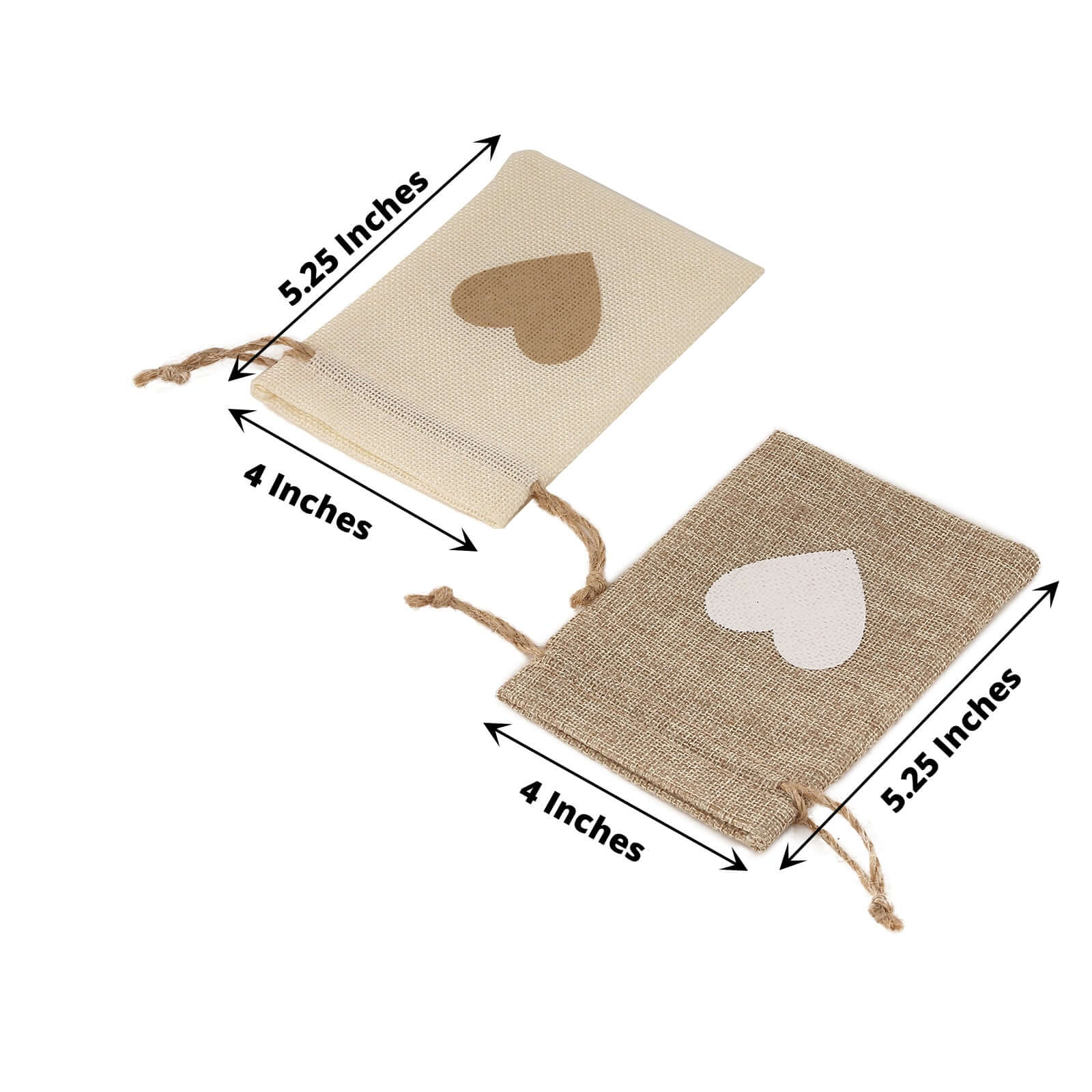 20 Pack 4"x5" Natural Ivory Heart Design Jute Burlap Gift Bags With Drawstring, Rustic Wedding Party Favor Bags