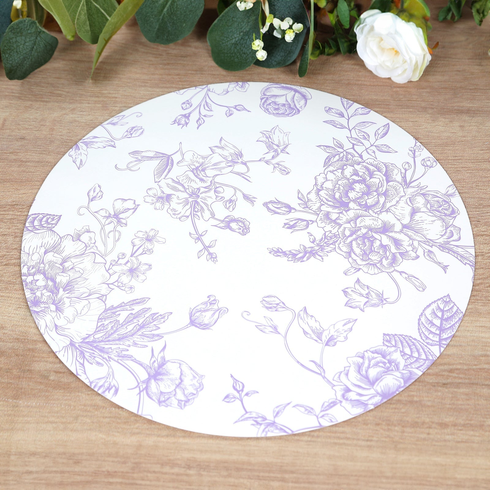 10-Pack Disposable Table Placemats in French Toile Print 13" in White/Matte Lavender - Chic Floral Cardboard Placemats for Stylish Table Setting