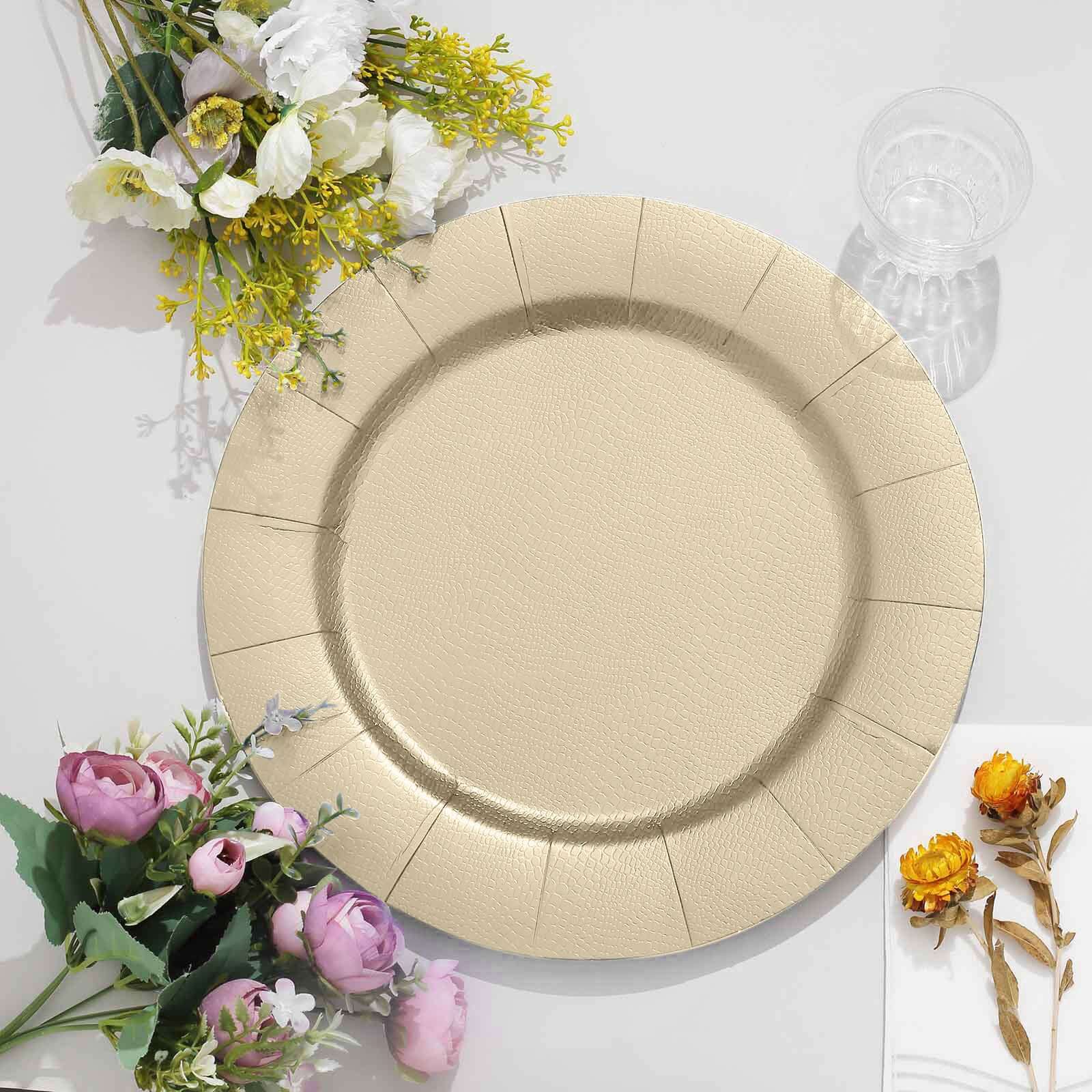 10-Pack Disposable Round Charger Plates in Champagne with Leathery Texture - Durable 1100GSM Cardboard Placemats 13"