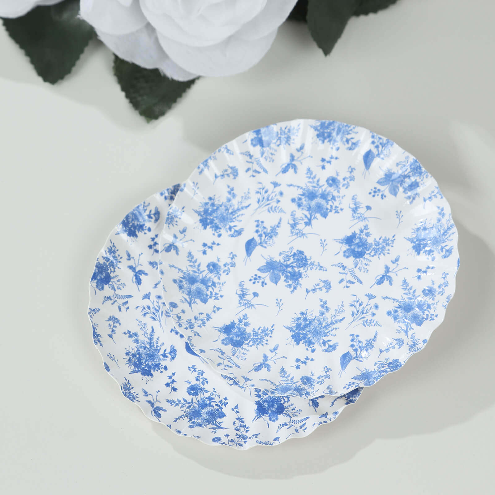 100-Pack Paper 3.5" Round Plates in White with Blue French Toile Design & Scalloped Rim - Disposable Mini 250GSM Dessert Party Plates for Tapas, Appetizers & Finger Foods