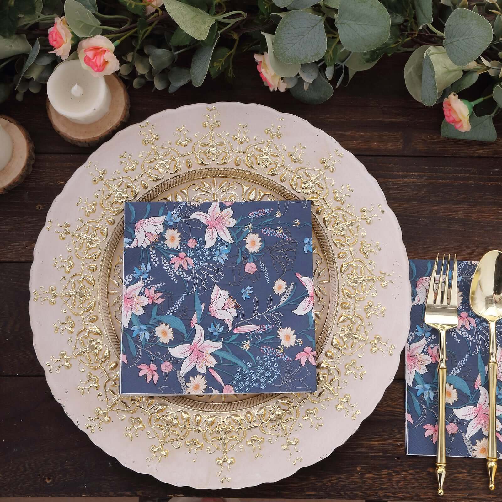 20-Pack Paper Beverage Napkins with Water Lily Floral Design Navy Blue - 2 Ply Soft 18GSM Wedding Napkins 6.5"x6.5"