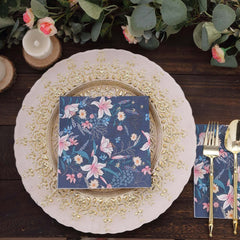 20-Pack Paper Beverage Napkins with Water Lily Floral Design Navy Blue - 2 Ply Soft 18GSM Wedding Napkins 6.5"x6.5"