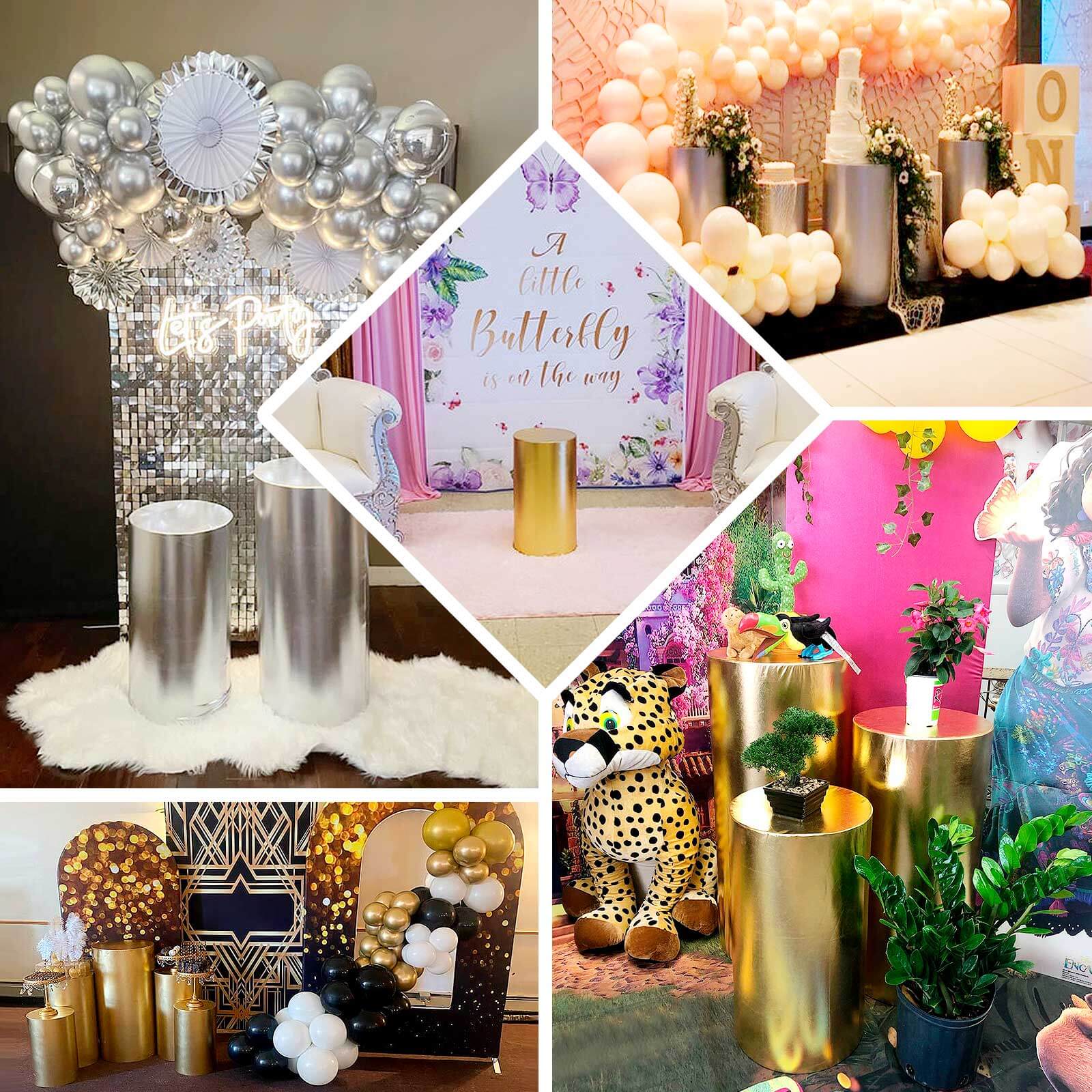 Set of 5 Metallic Silver Spandex Cylinder Pedestal Stand Covers, Shiny Stretchable Pillar Prop Covers - 130 GSM