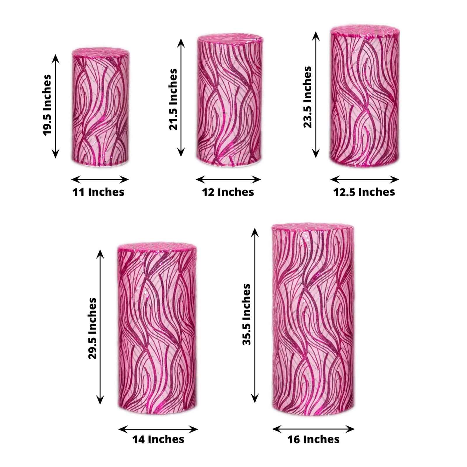 Set of 5 Fuchsia Wave Mesh Cylinder Pedestal Stand Covers with Embroidered Sequins, Pillar Prop Covers - 160 GSM