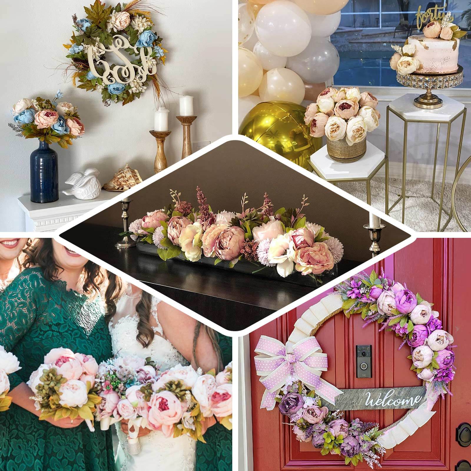 2 Pack 19" Burgundy Dusty Rose Artificial Peony Flower Wedding Bouquets, Faux Silk Flower Arrangements