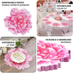 10-Pack Disposable Table Placemats with Pink Peony Flower Print - 400GSM Floral Cardboard Placemats for Dinner Parties & Gatherings 14"