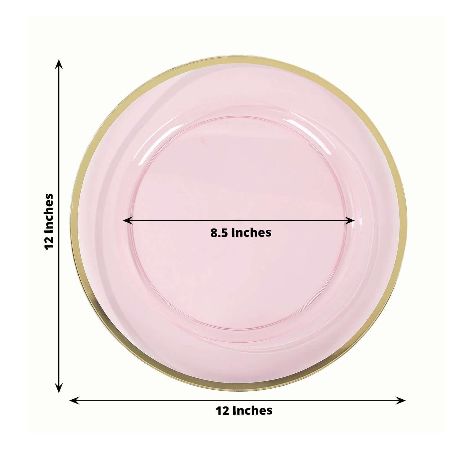 10-Pack Economy Plastic Round Charger Plates 12" in Transparent Blush with Wide Gold Rim, Decorative Dinner Party Serving Plates
