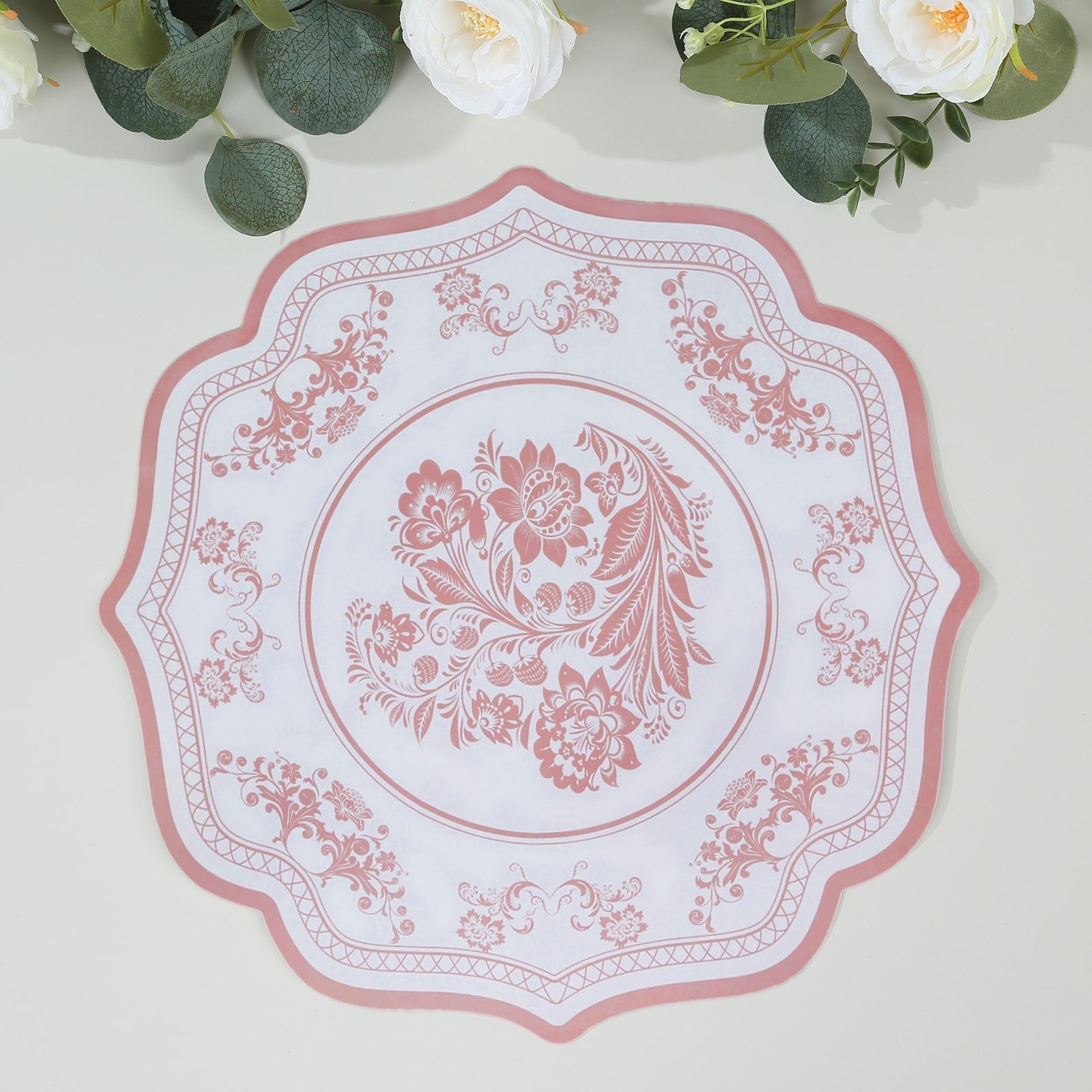 10-Pack Disposable Table Placemats 13" Round Placemats in White with Pink Damask Floral Pattern & Scalloped Rim - 400GSM Cardboard Placemats for Stylish Table Setting