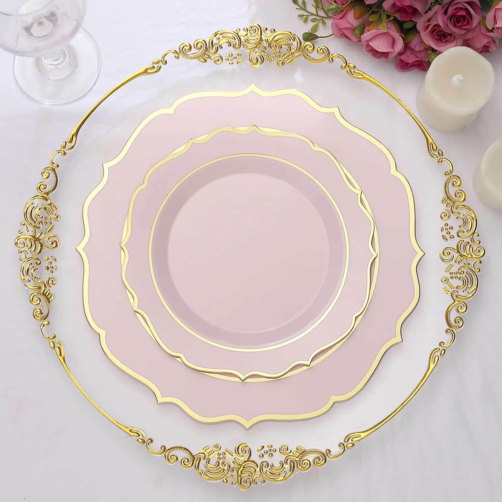 10-Pack Plastic 8" Round Dessert Plates in Blush with Gold Scalloped Rim - Disposable Appetizer/Salad Plates