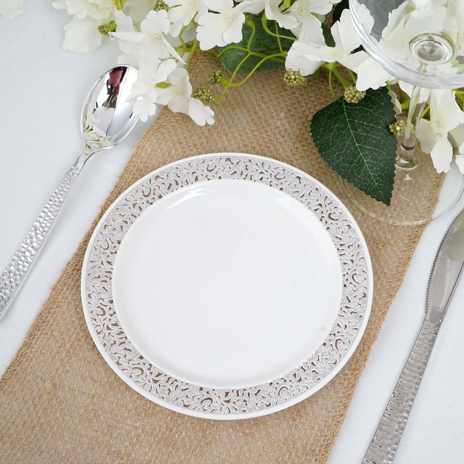 10-Pack Dessert Plates Lace Rim Design White with Silver - Plastic Disposable Appetizer Plates for Events 6"
