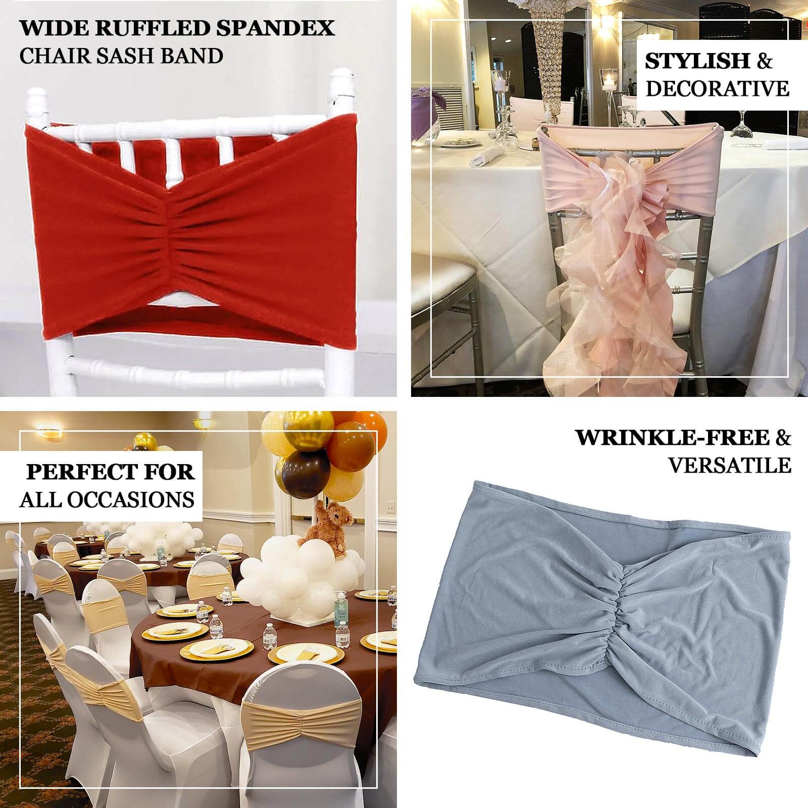 5 Pack Spandex Chair Sashes Sage Green Ruffled Style - Wide Easy to Use Stretch Chair Bands 8"x13"