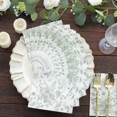 20-Pack Paper Cocktail Napkins with French Toile Print White/Sage Green - Disposable 2 Ply Beverage Napkins for Events 6.5"x6.5"