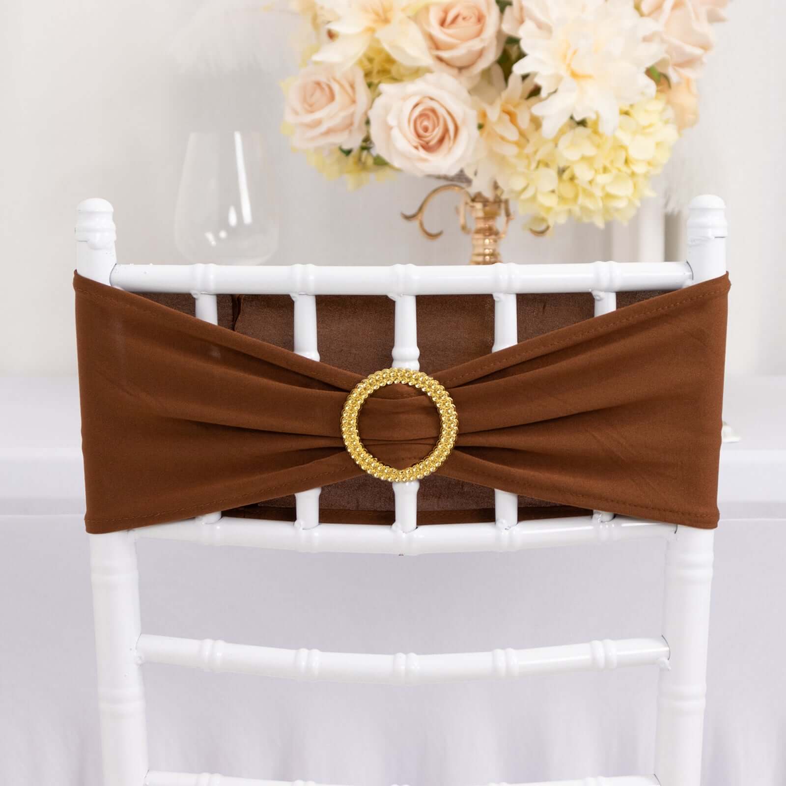5 Pack Spandex Chair Sashes Cinnamon Brown with Gold Rhinestone Buckles - Reusable Four-Way Stretch Sash Bands 5"x14"