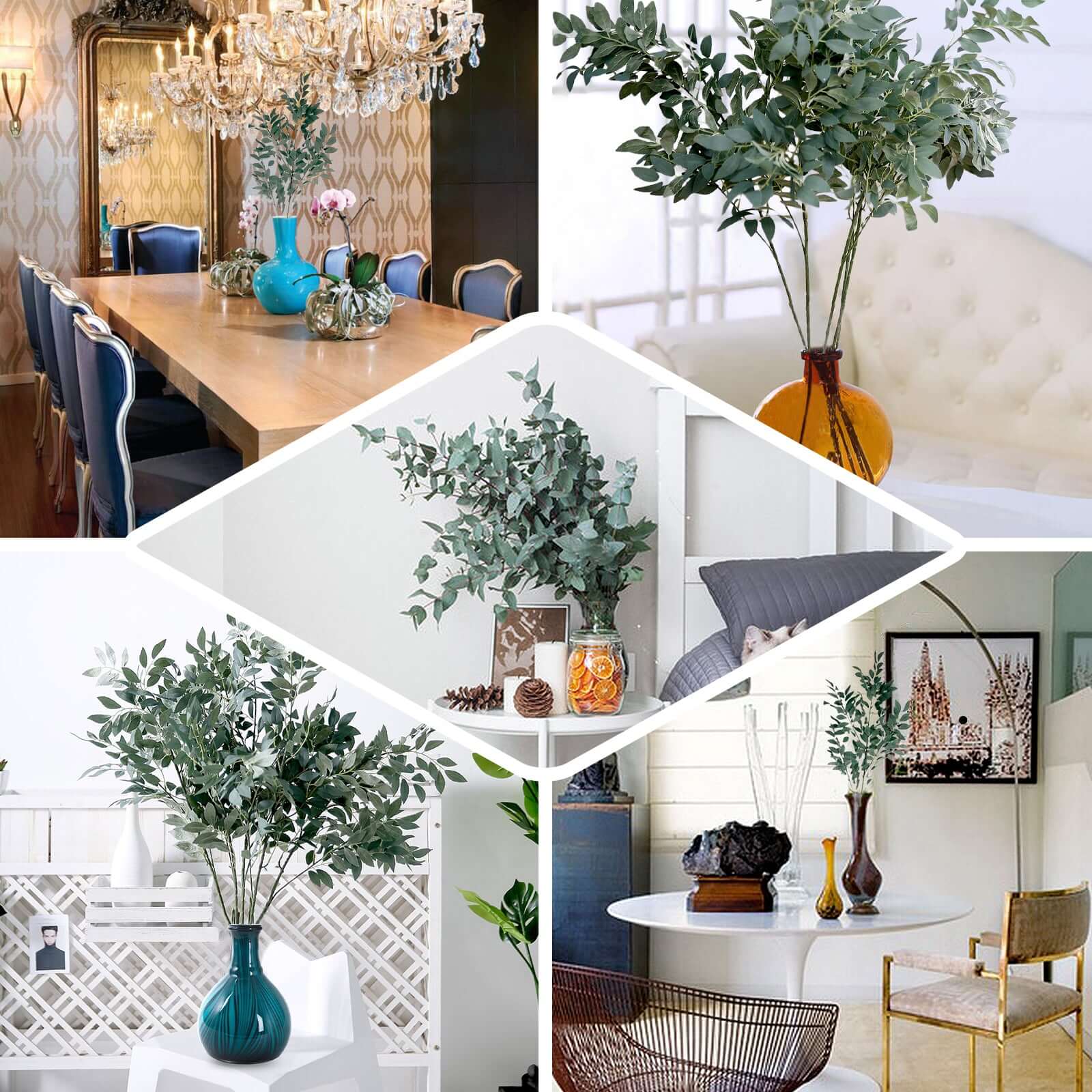 2 Bushes 42" Tall White Artificial Silk Beech Leaf Branches, Faux Plant Stem Vase Fillers