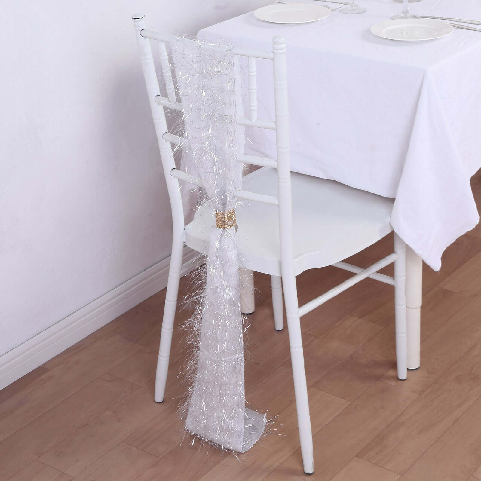 5 Pack Polyester Chair Sashes Silver Metallic Tinsel Fringe - Easy to Use Chair Bows 6"x108"