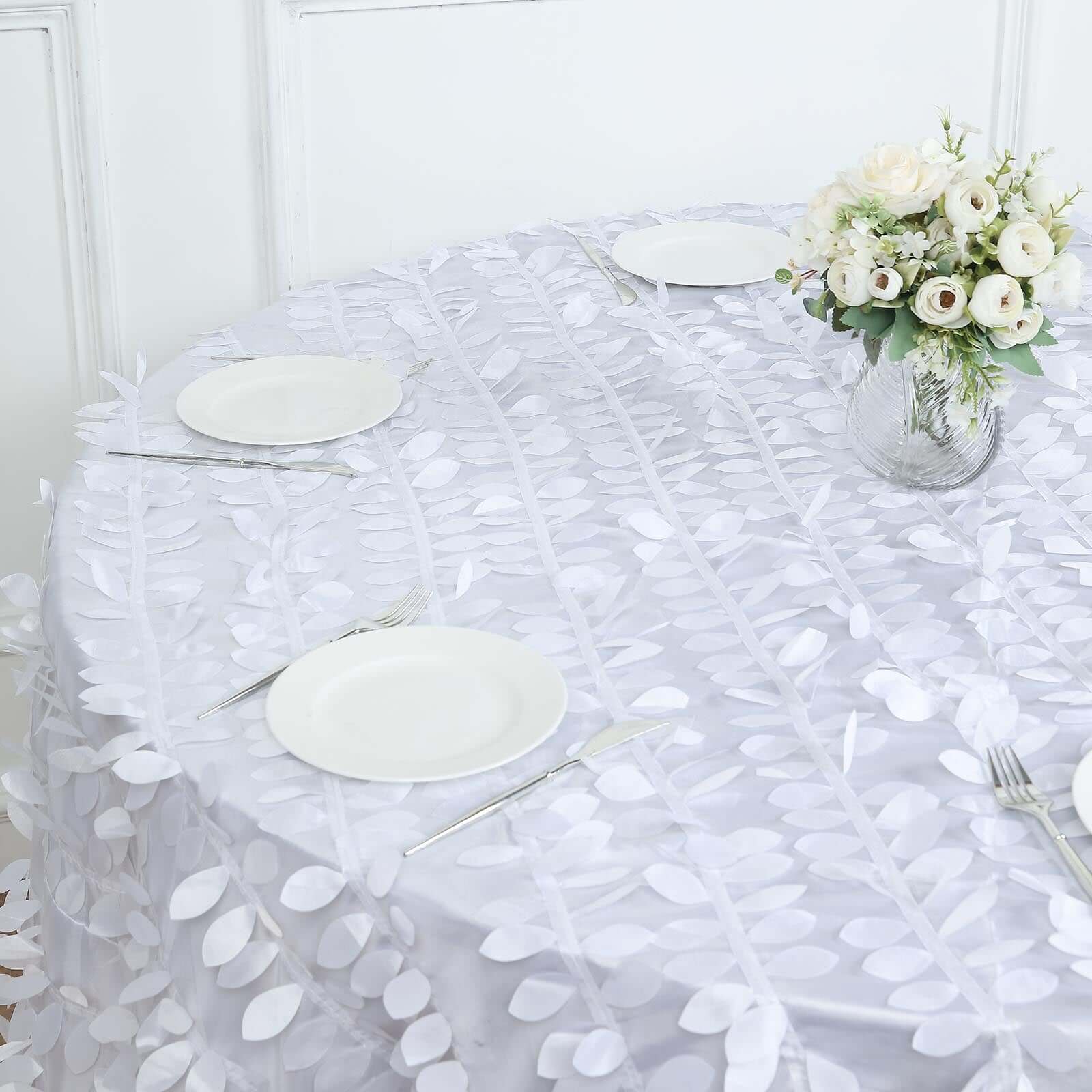 Taffeta 132" Round Tablecloth White 3D Leaf Petal Design Seamless Table Cover for Chic Wedding & Event Decor