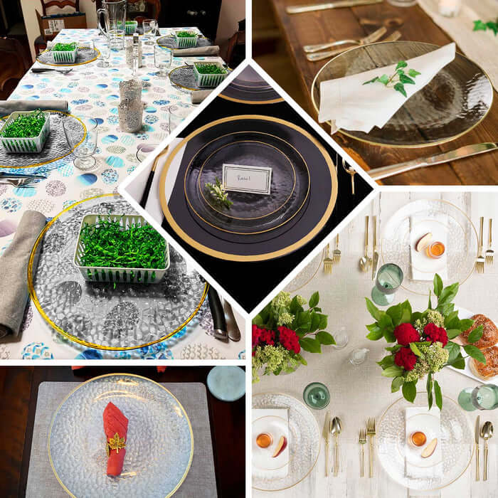 10-Pack Economy Plastic Round Charger Plates 13" in Clear Hammered Design with Glittered Gold Rim - Decorative Dinner Party Serving Plates