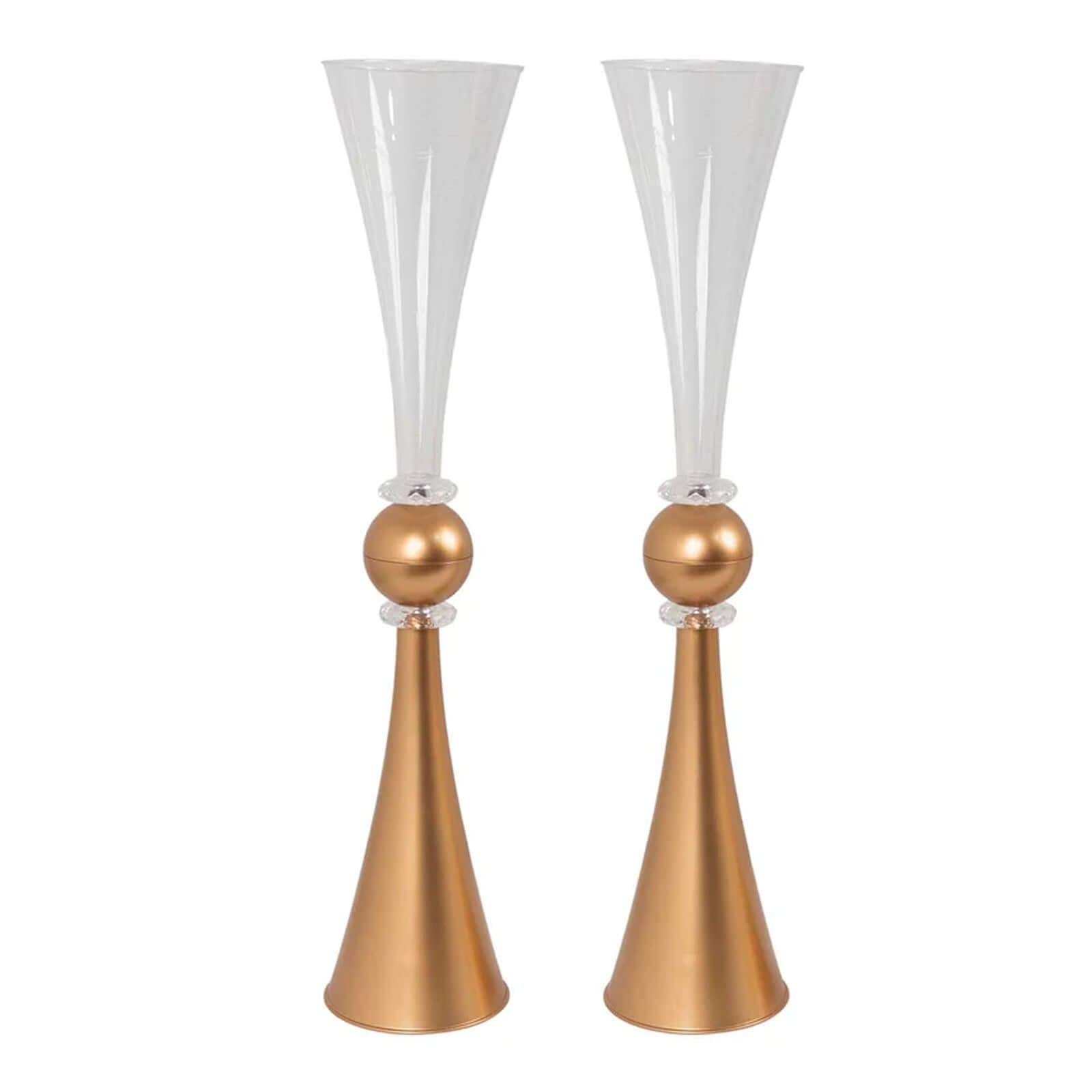 2-Pack Flower Vases Trumpet Design with Crystal Embellishments Clear and Gold - Reversible Plastic Centerpieces for Events 27"