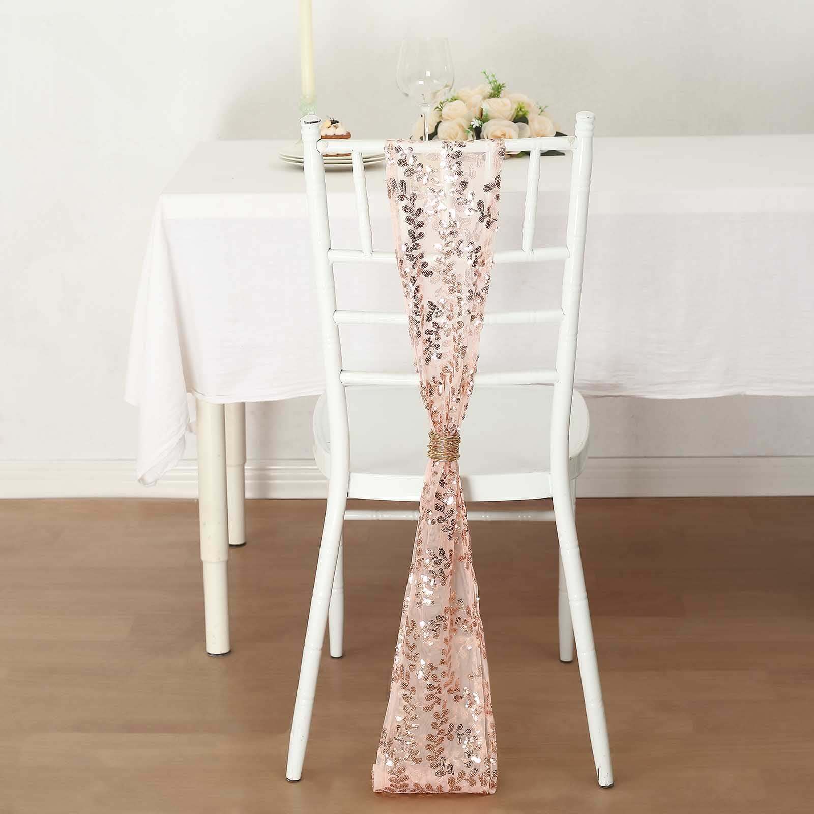 5 Pack Tulle Chair Sashes with Leaf Vine Embroidered Sequins Rose Gold 6"x88"