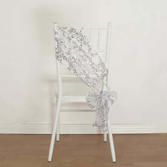 5 Pack Tulle Chair Sashes with Leaf Vine Embroidered Sequins Silver 6"x88"