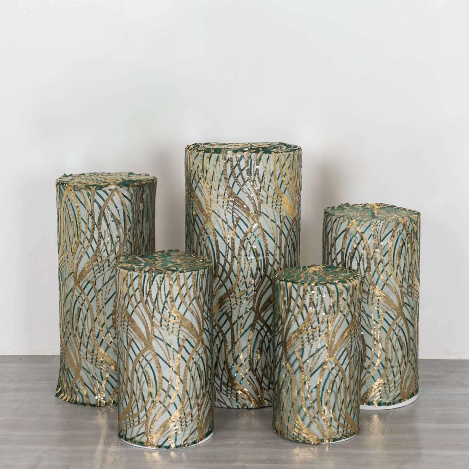 Set of 5 Hunter Green Wave Mesh Cylinder Pedestal Stand Covers with Embroidered Sequins, Emerald Pillar Prop Covers - 160 GSM