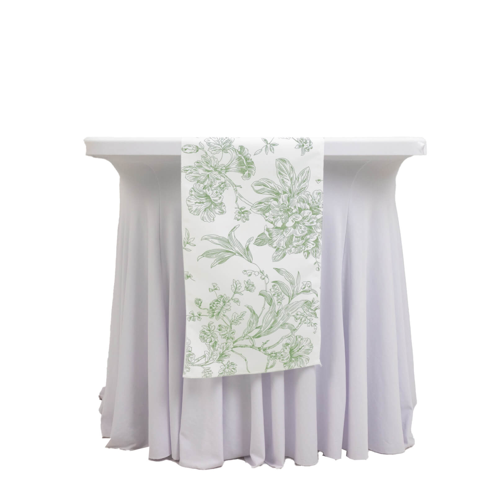 Polyester Table Runner 12"x108" White with Dusty Sage Green French Toile Floral Print Reusable Table Décor