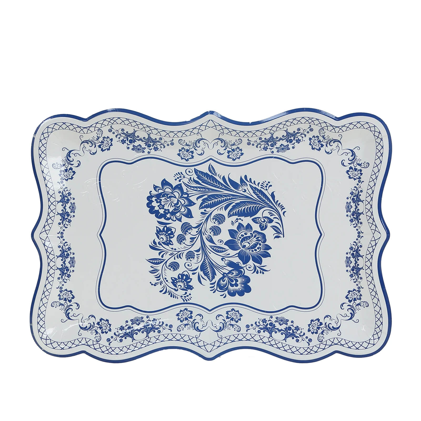 10-Pack Paper 14"x10" Rectangle Serving Trays White Royal Blue Damask Floral Pattern for Weddings & Parties