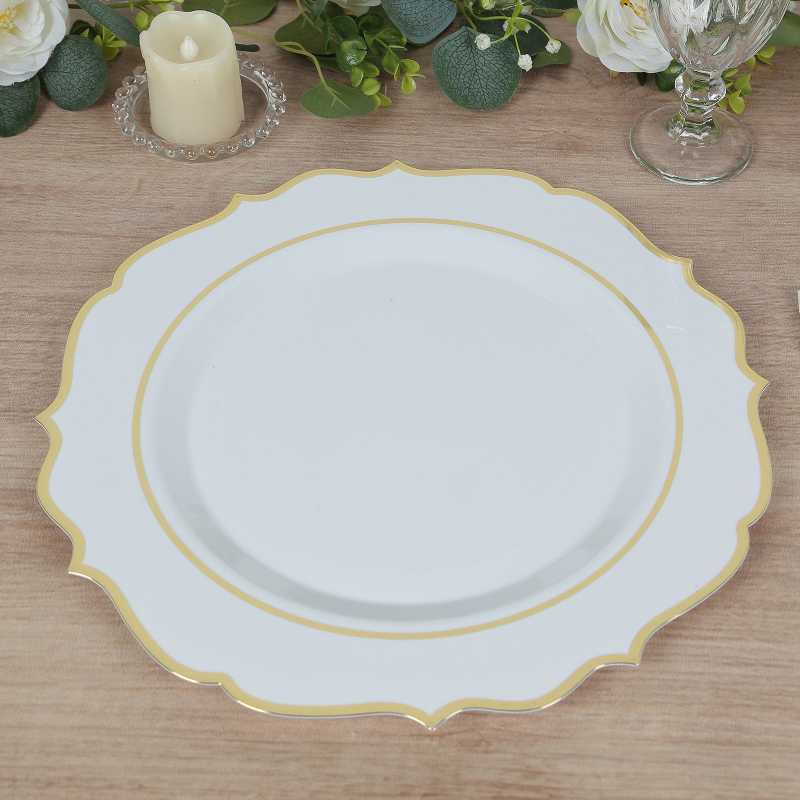 10-Pack Economy Plastic Round Charger Plates 13" in White with Gold Scalloped Rim, Decorative Dinner Party Serving Plates