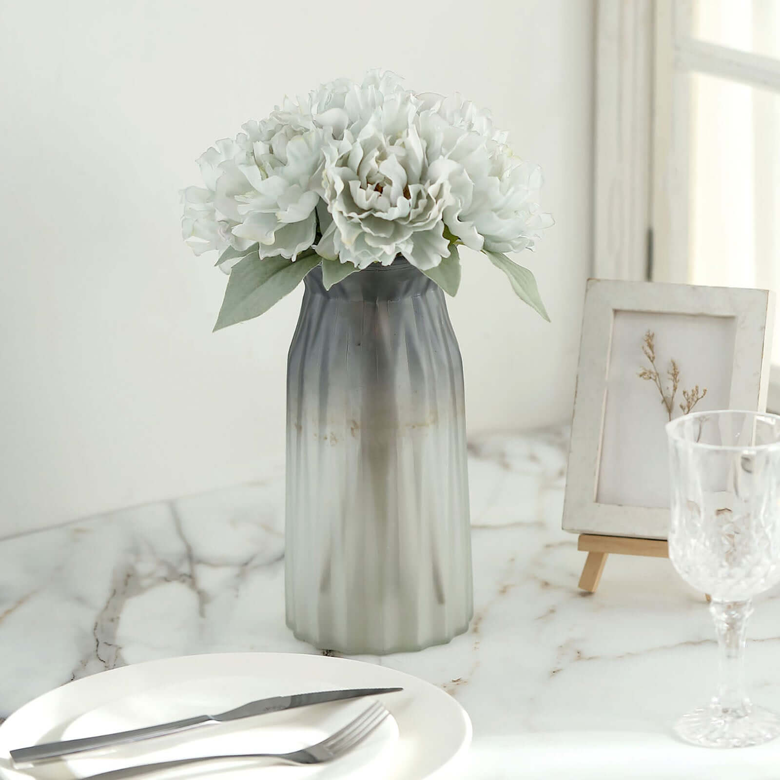 11" Silver Blue Real Touch Artificial Silk Peonies Flower Bouquet