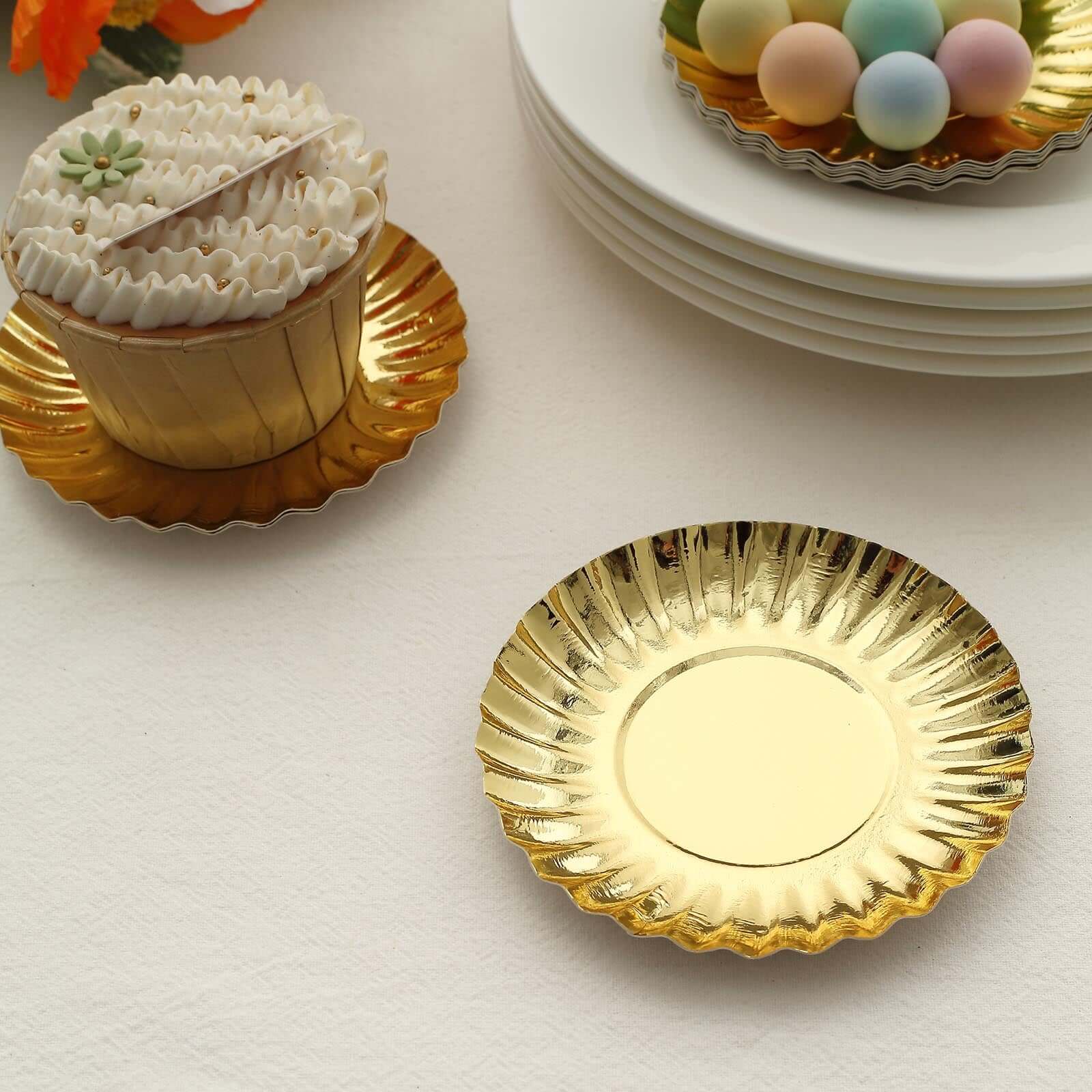 50-Pack Paper 3.5" Round Party Plates in Metallic Gold with Scalloped Rim - Disposable Mini 250GSM Dessert Plates for Tapas, Appetizers & Finger Foods