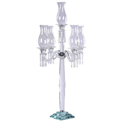 5 Arm Crystal Glass Taper Candle Holder Candelabra, Luxurious Table Centerpiece With Chandelier Chains 40"