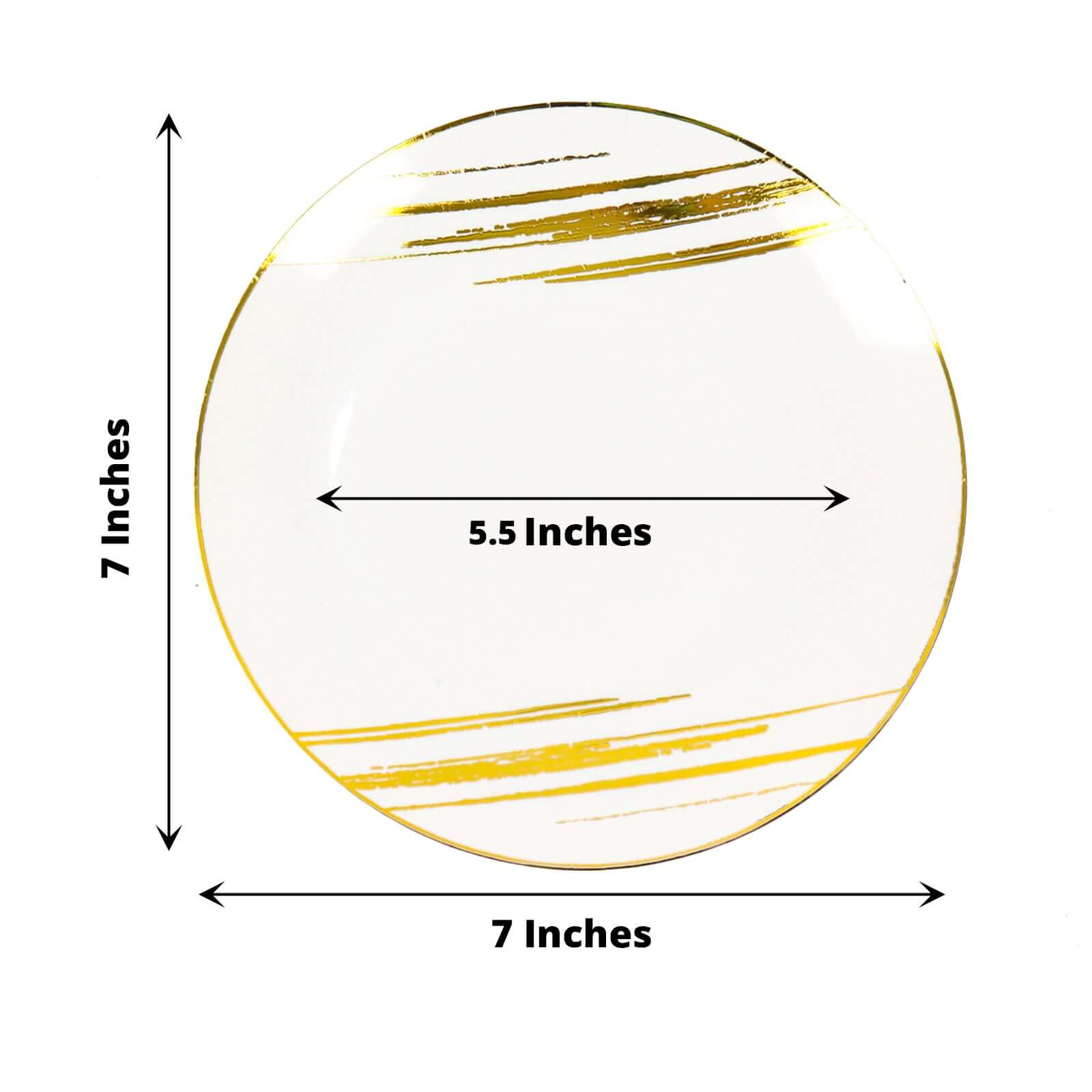 10-Pack Plastic 7" Round Dessert Plates in White with Gold Brush Stroked Print - Disposable Appetizer Salad Plates