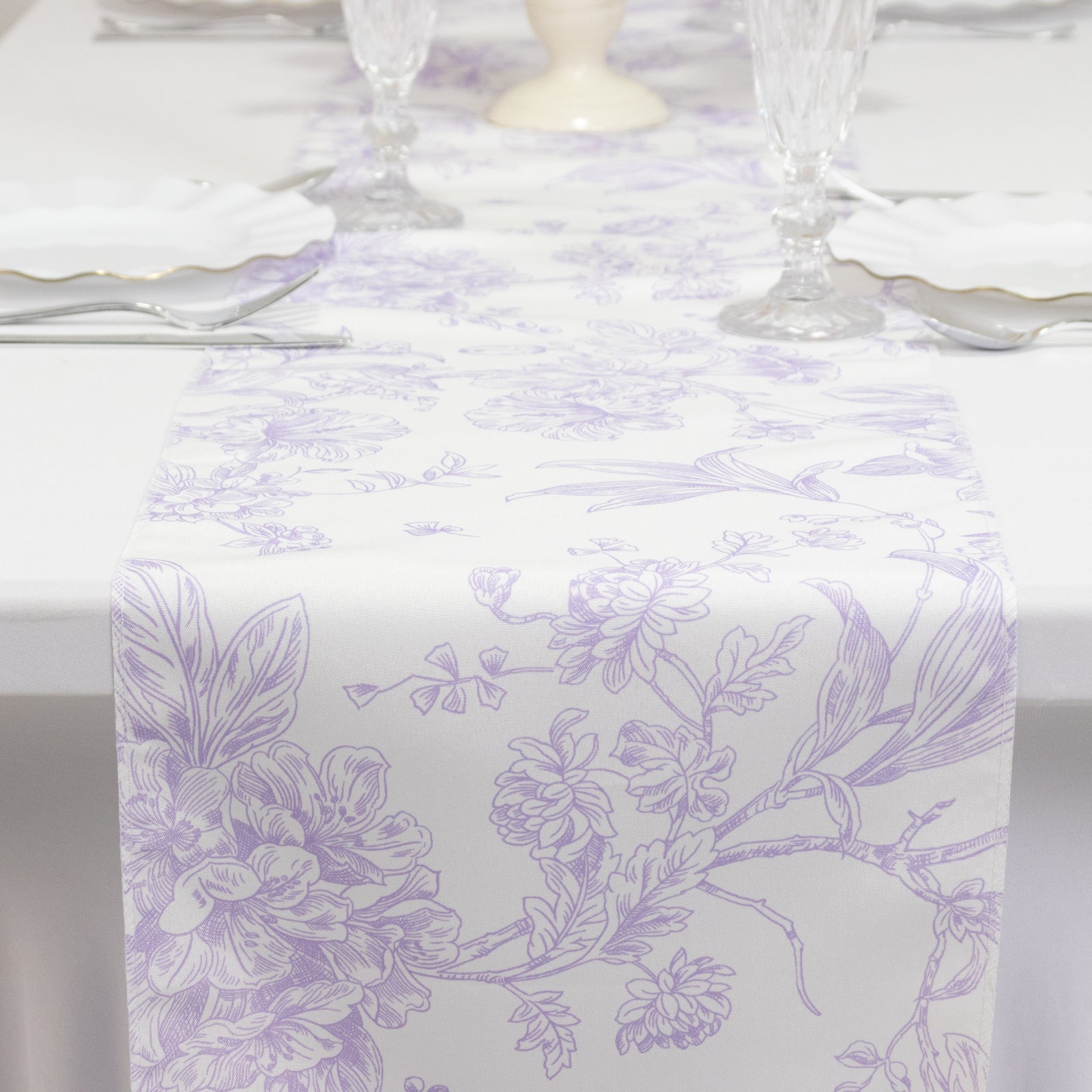 Polyester Table Runner 12"x108" White with Lavender Lilac French Toile Floral Print - Stylish Reusable Table Décor
